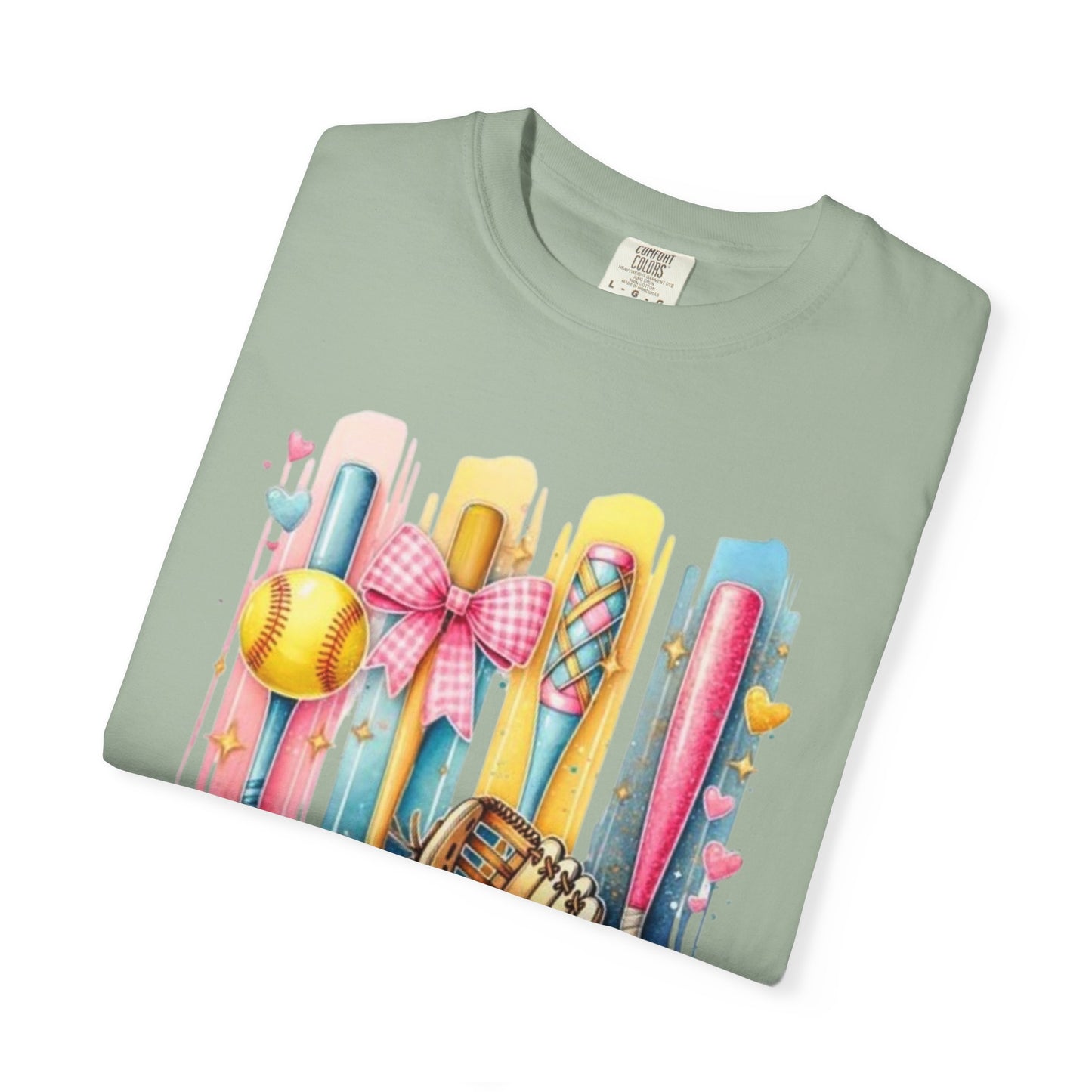 Softball Mama T-Shirt - Colorful Bats & Glove Graphic