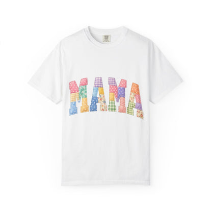 Mama Patchwork Graphic T-Shirt – Colorful Quilted Letter Tee for Moms
