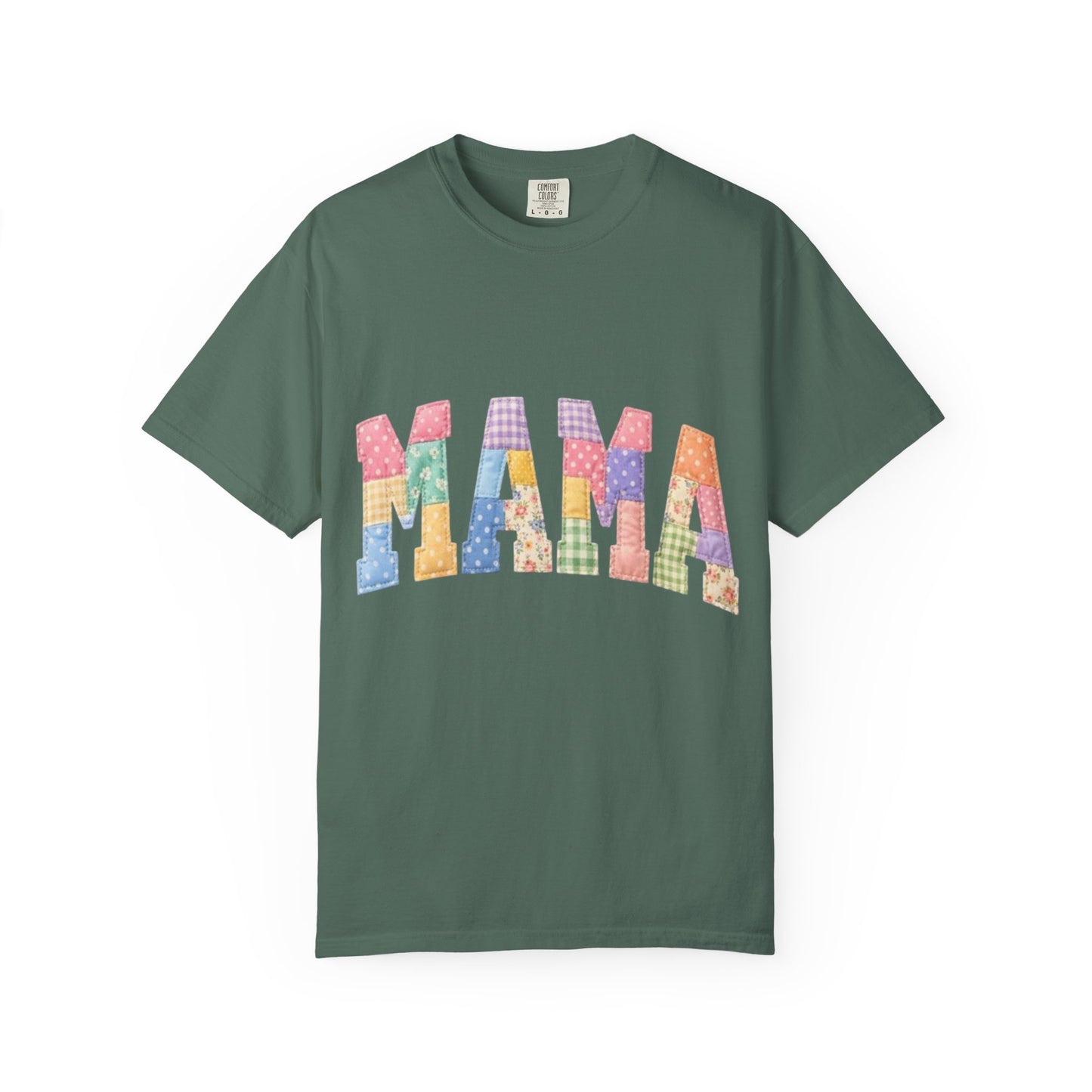 Mama Patchwork Graphic T-Shirt – Colorful Quilted Letter Tee for Moms