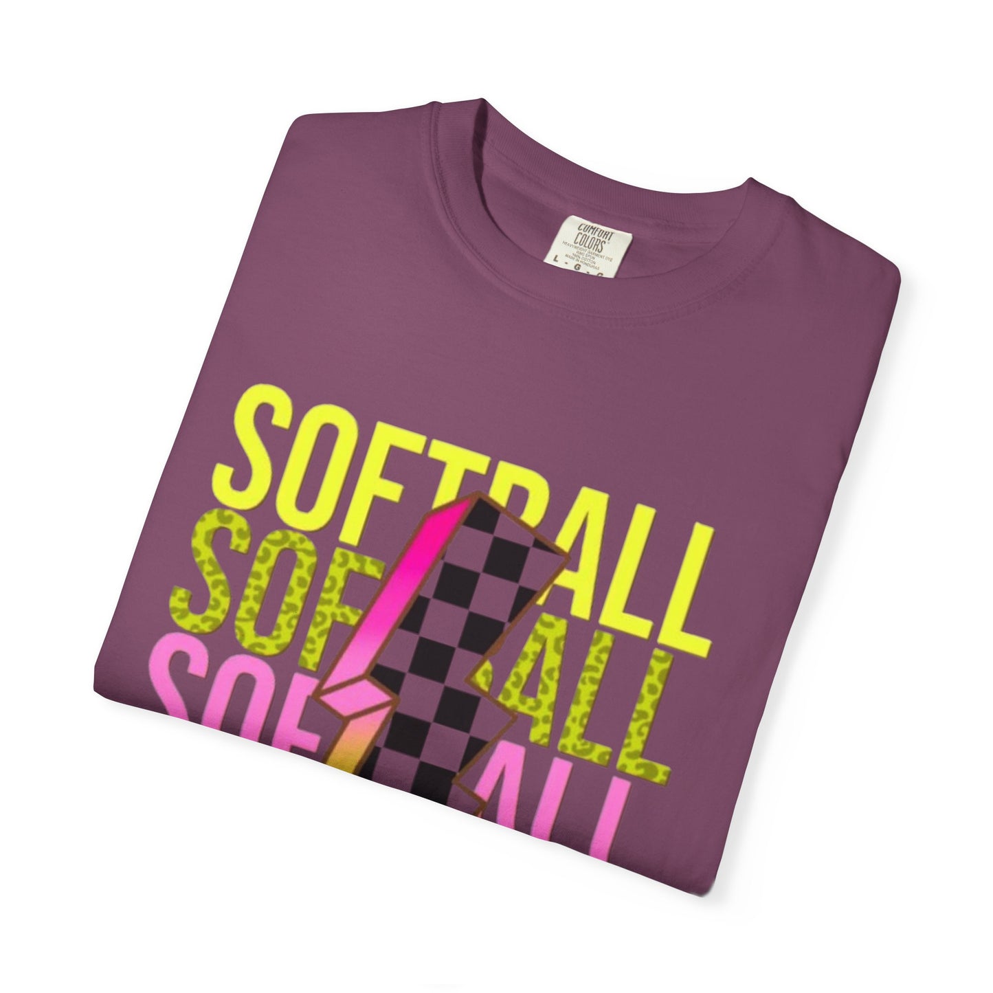 Softball Lightning Tee — Checkerboard Bolt Graphic Softball T‑Shirt