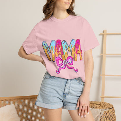 Mama Colorful Drip Graphic T-Shirt — Cute Pink Bow Mom Tee