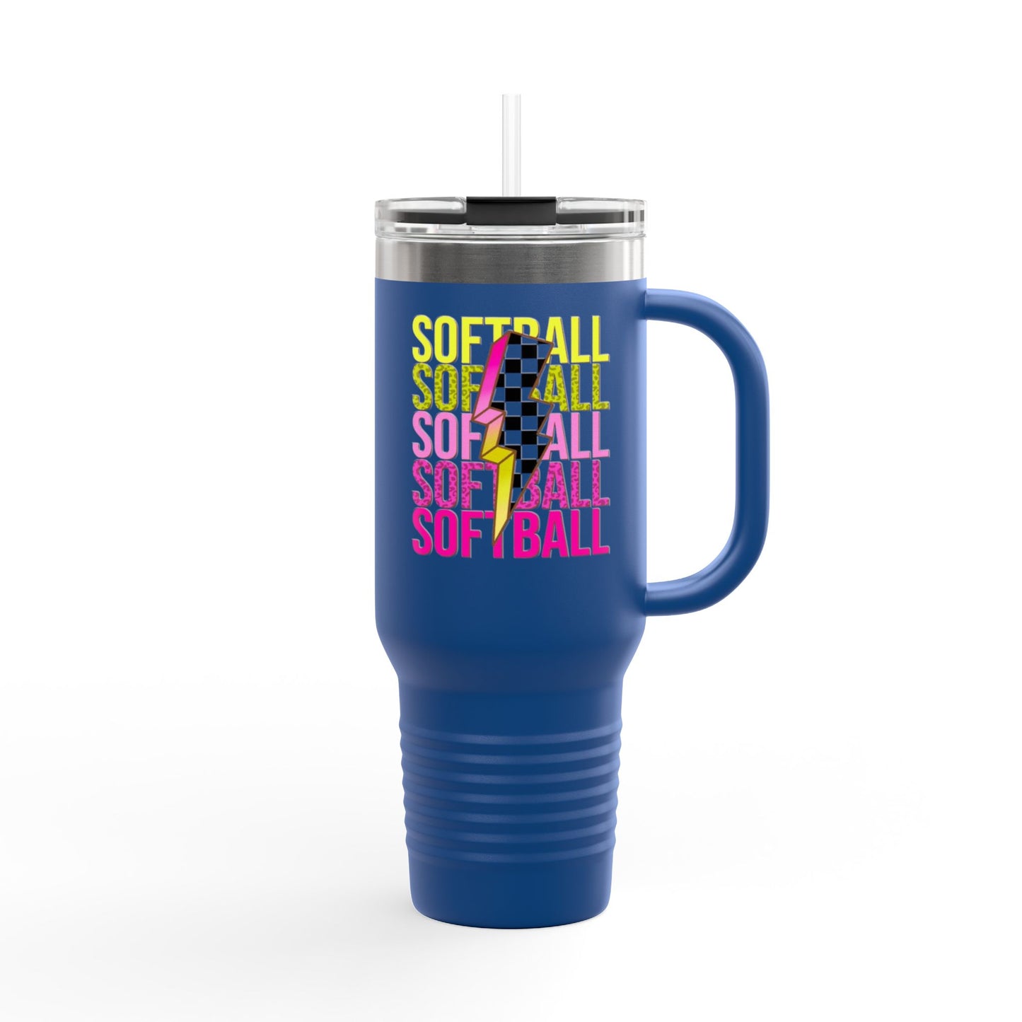 Softball Lightning 40oz Insulated Travel Mug – Checkered Bolt Design