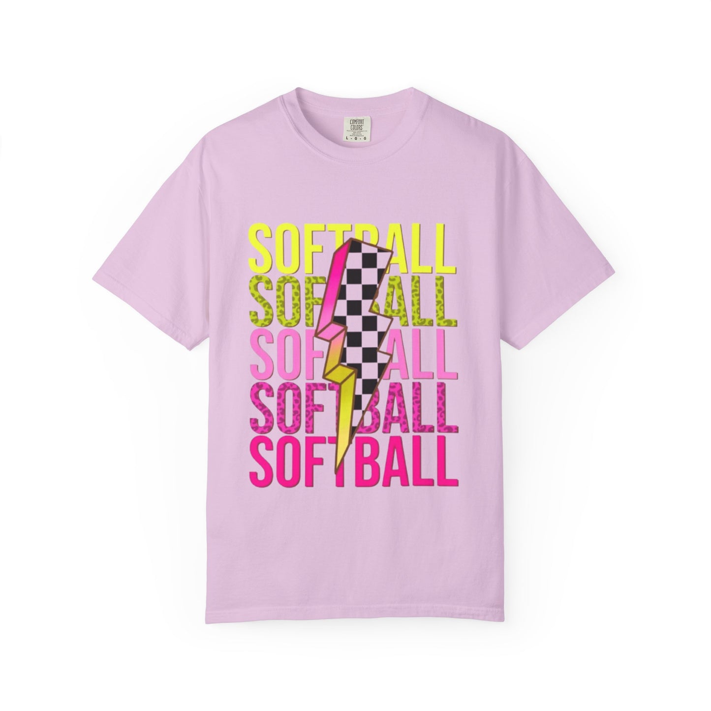 Softball Lightning Tee — Checkerboard Bolt Graphic Softball T‑Shirt