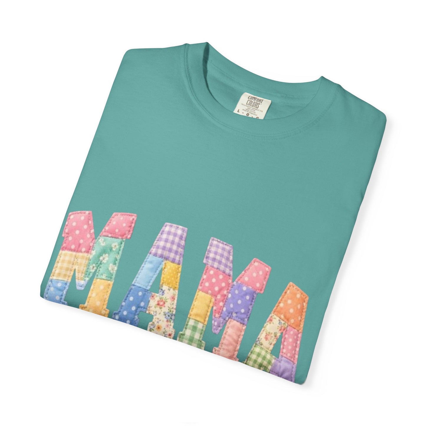 Mama Patchwork Graphic T-Shirt – Colorful Quilted Letter Tee for Moms