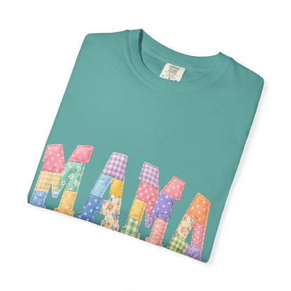Mama Patchwork Graphic T-Shirt – Colorful Quilted Letter Tee for Moms