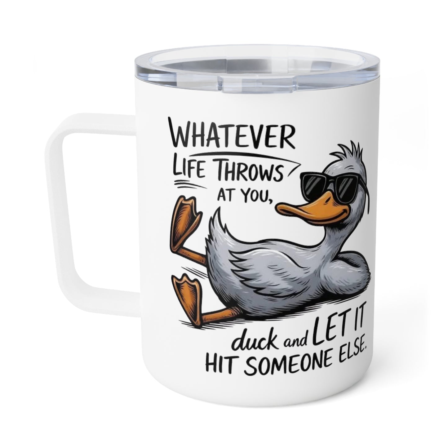 Insulated 10oz Coffee Mug — Funny Cool Seagull "Whatever Life Throws" Travel Tumbler