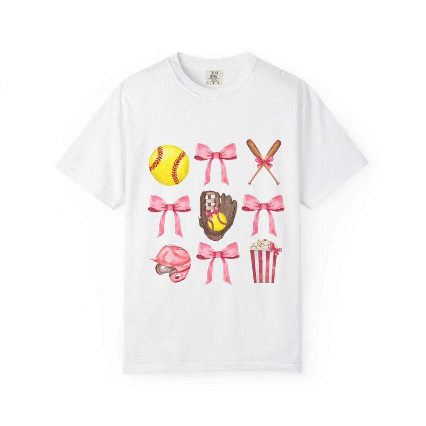 Softball Mom Graphic T-Shirt — Pink Bows, Glove & Helmet Design