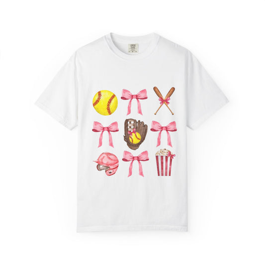 Softball Mom Graphic T-Shirt — Pink Bows, Glove & Helmet Design