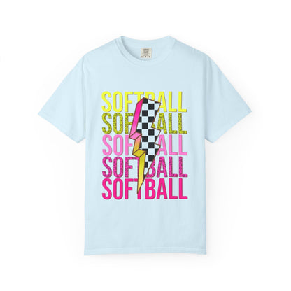 Softball Lightning Tee — Checkerboard Bolt Graphic Softball T‑Shirt