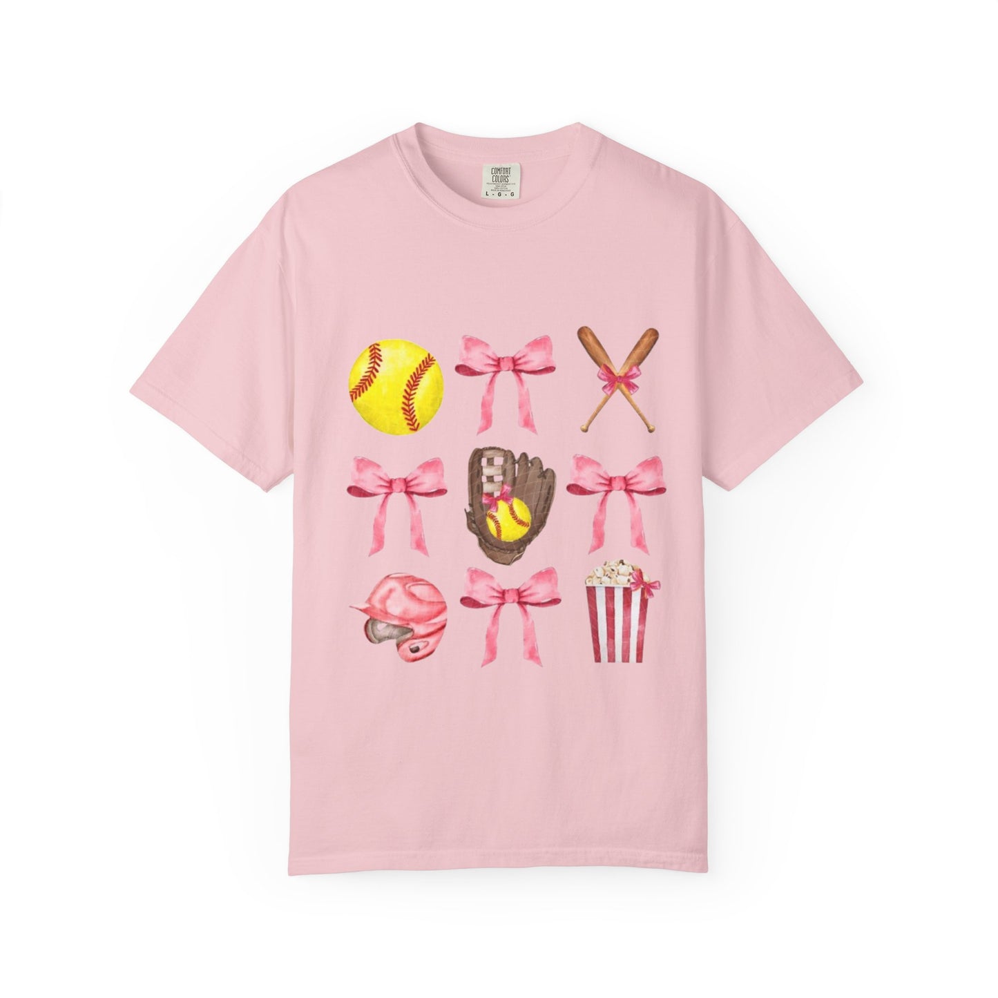 Softball Mom Graphic T-Shirt — Pink Bows, Glove & Helmet Design
