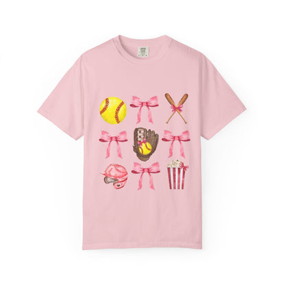 Softball Mom Graphic T-Shirt — Pink Bows, Glove & Helmet Design