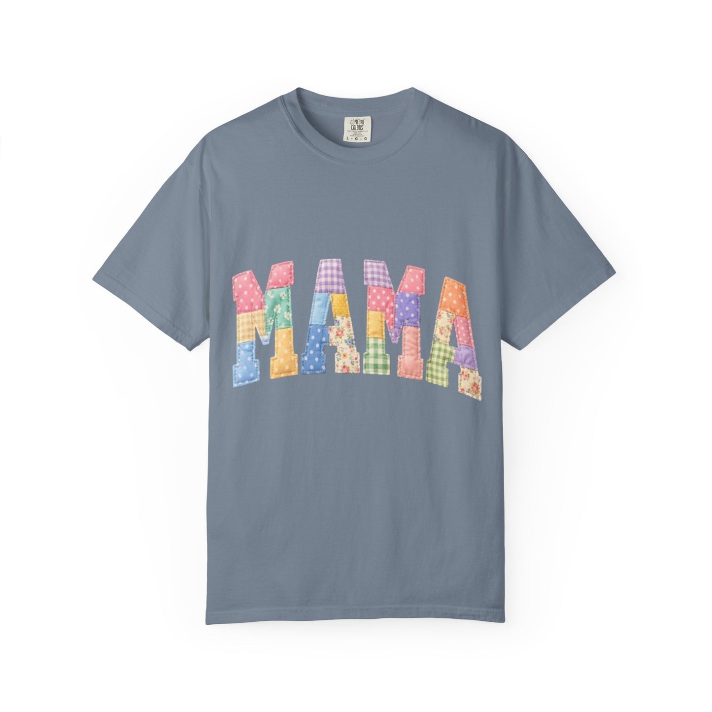 Mama Patchwork Graphic T-Shirt – Colorful Quilted Letter Tee for Moms