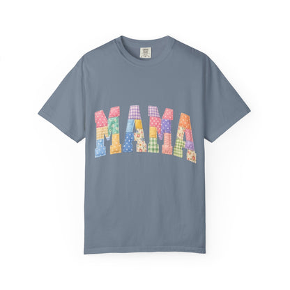 Mama Patchwork Graphic T-Shirt – Colorful Quilted Letter Tee for Moms
