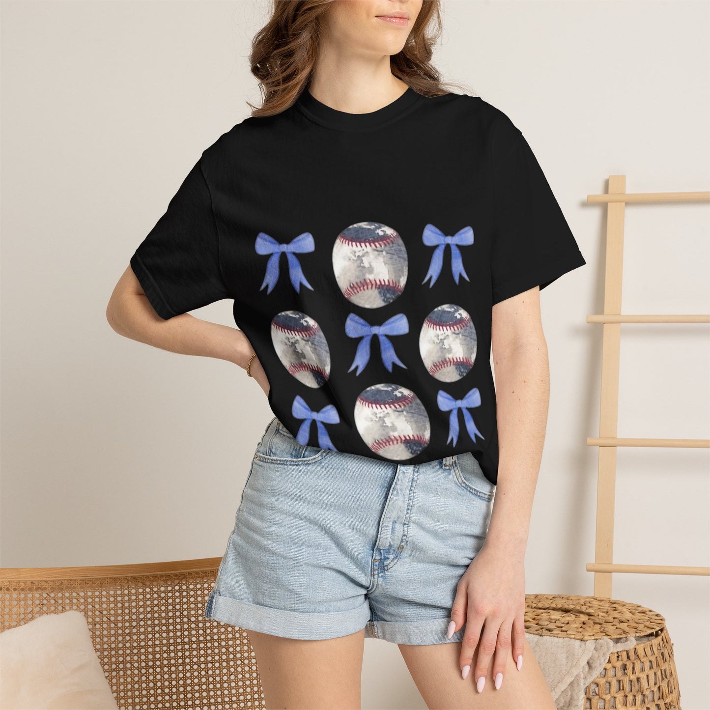 Baseball Bow Pattern T-Shirt — Cute Sports Graphic Tee