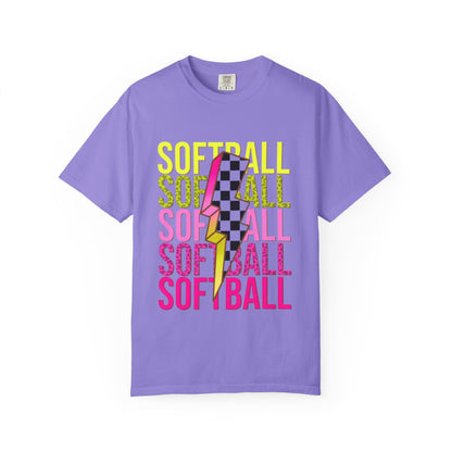 Softball Lightning Tee — Checkerboard Bolt Graphic Softball T‑Shirt