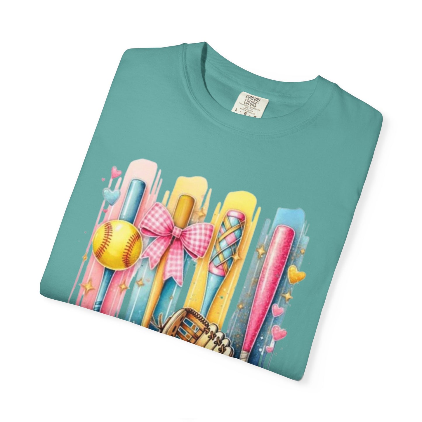 Softball Mama T-Shirt - Colorful Bats & Glove Graphic