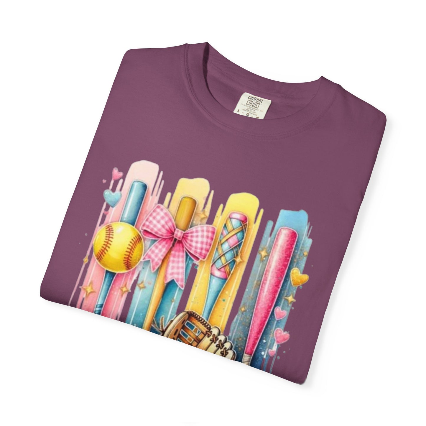 Softball Mama T-Shirt - Colorful Bats & Glove Graphic