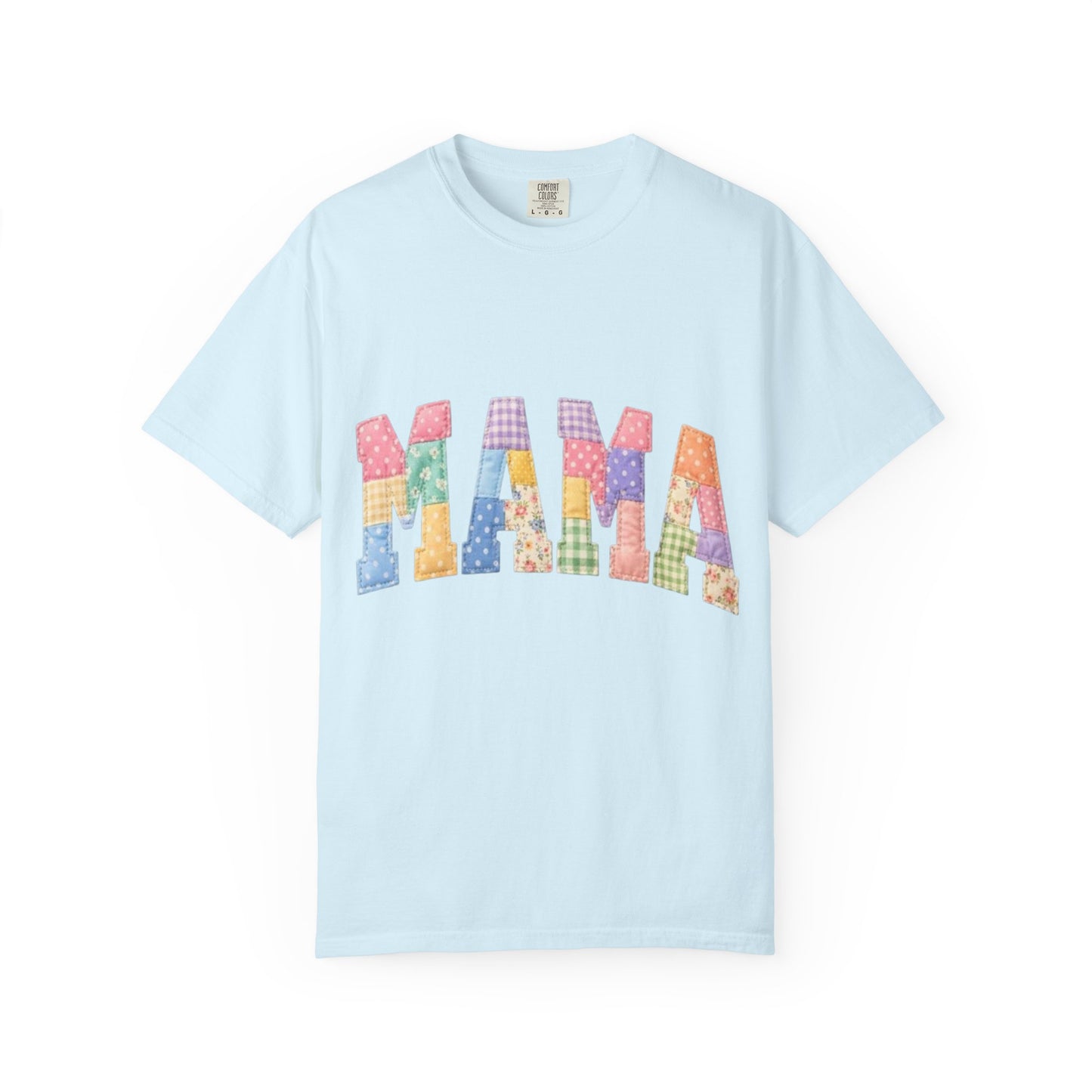 Mama Patchwork Graphic T-Shirt – Colorful Quilted Letter Tee for Moms
