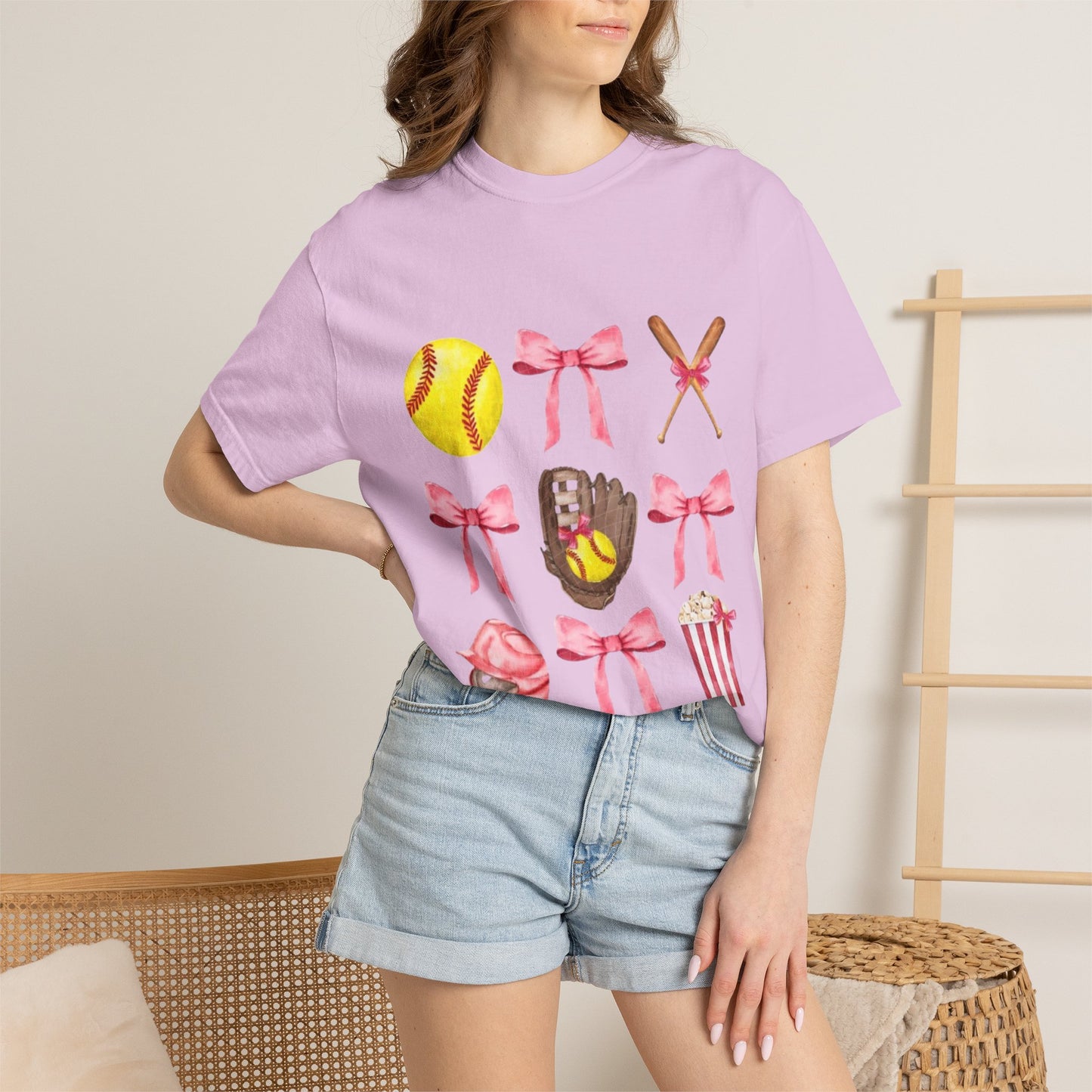 Softball Mom Graphic T-Shirt — Pink Bows, Glove & Helmet Design