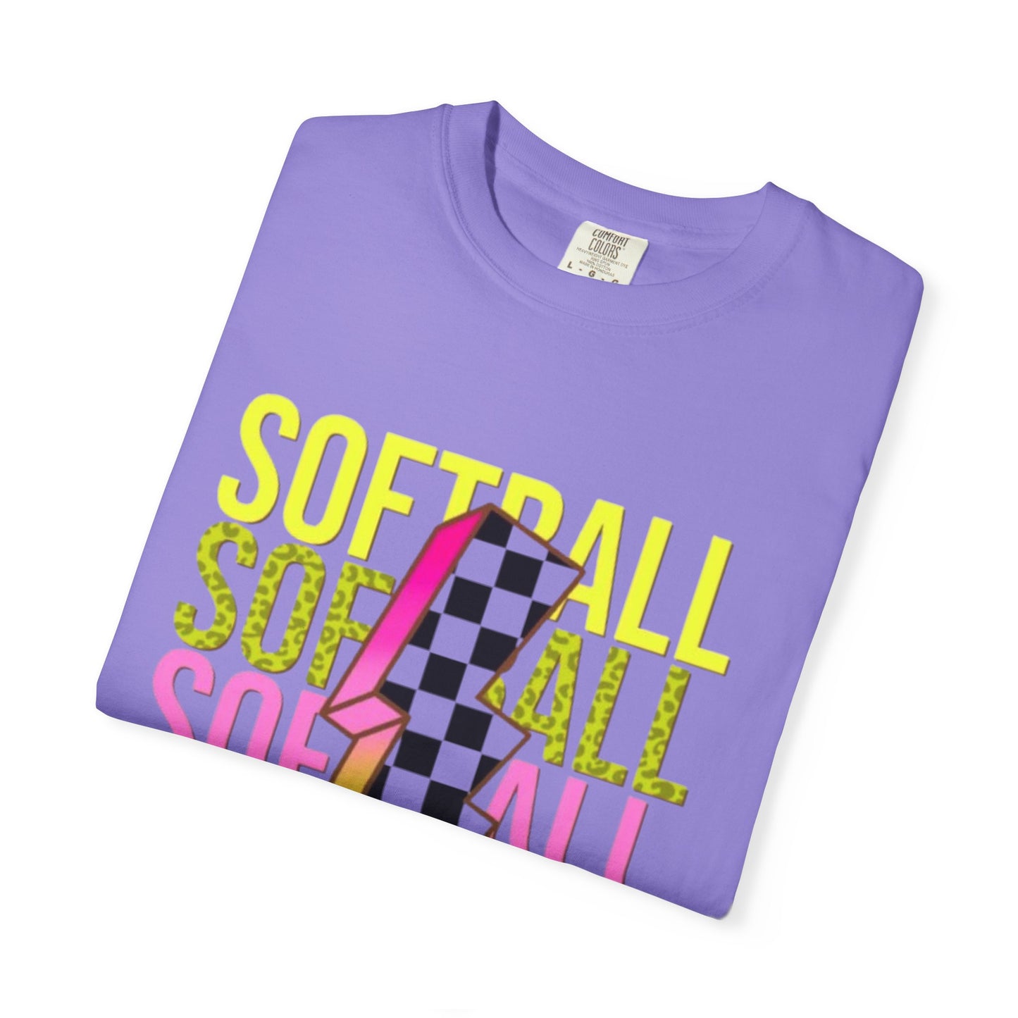 Softball Lightning Tee — Checkerboard Bolt Graphic Softball T‑Shirt
