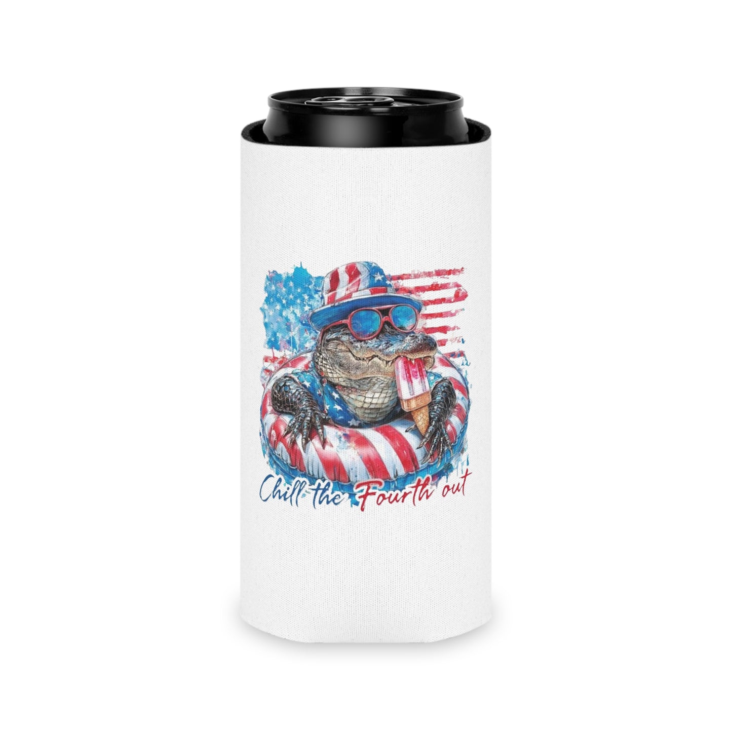 Patriotic Gator Can Cooler — "Chill the Fourth Out" 4th of July Drink Koozie