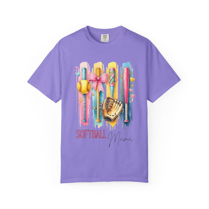 Softball Mama T-Shirt - Colorful Bats & Glove Graphic
