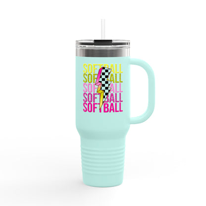 Softball Lightning 40oz Insulated Travel Mug – Checkered Bolt Design