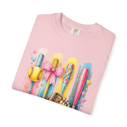 Softball Mama T-Shirt - Colorful Bats & Glove Graphic