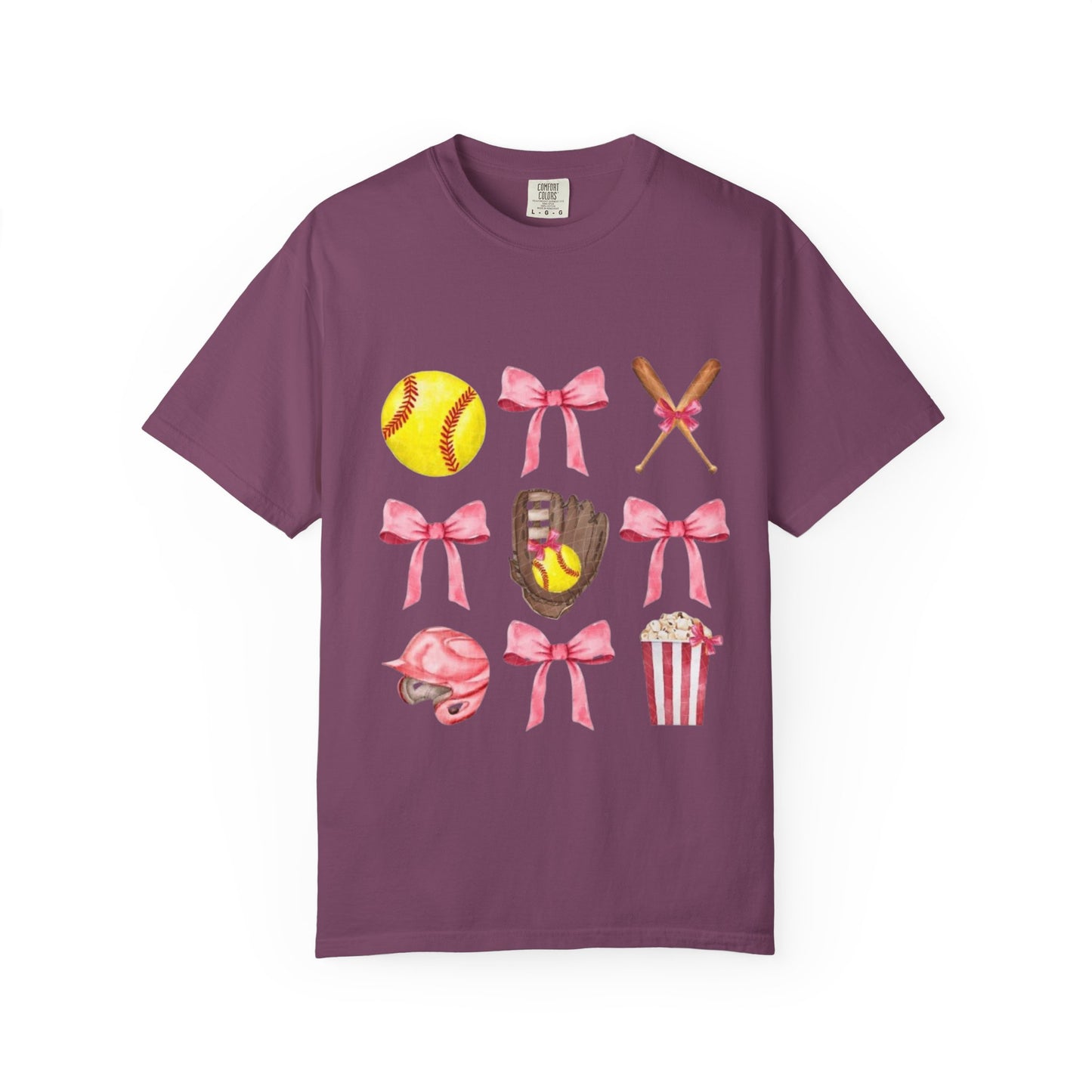 Softball Mom Graphic T-Shirt — Pink Bows, Glove & Helmet Design