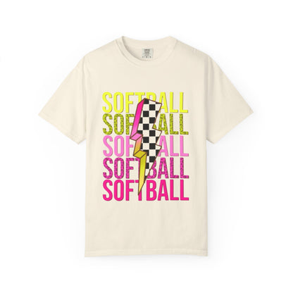 Softball Lightning Tee — Checkerboard Bolt Graphic Softball T‑Shirt