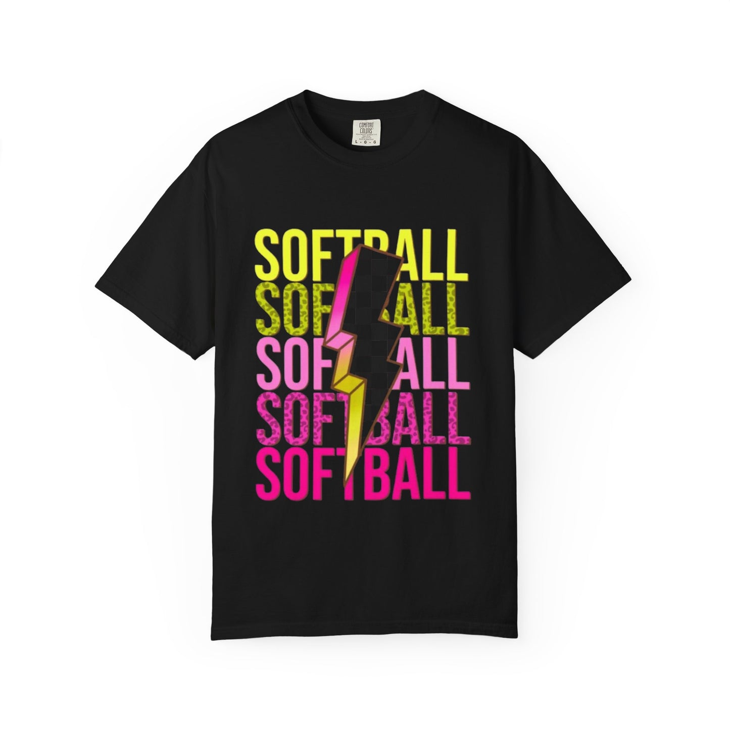 Softball Lightning Tee — Checkerboard Bolt Graphic Softball T‑Shirt