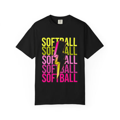 Softball Lightning Tee — Checkerboard Bolt Graphic Softball T‑Shirt