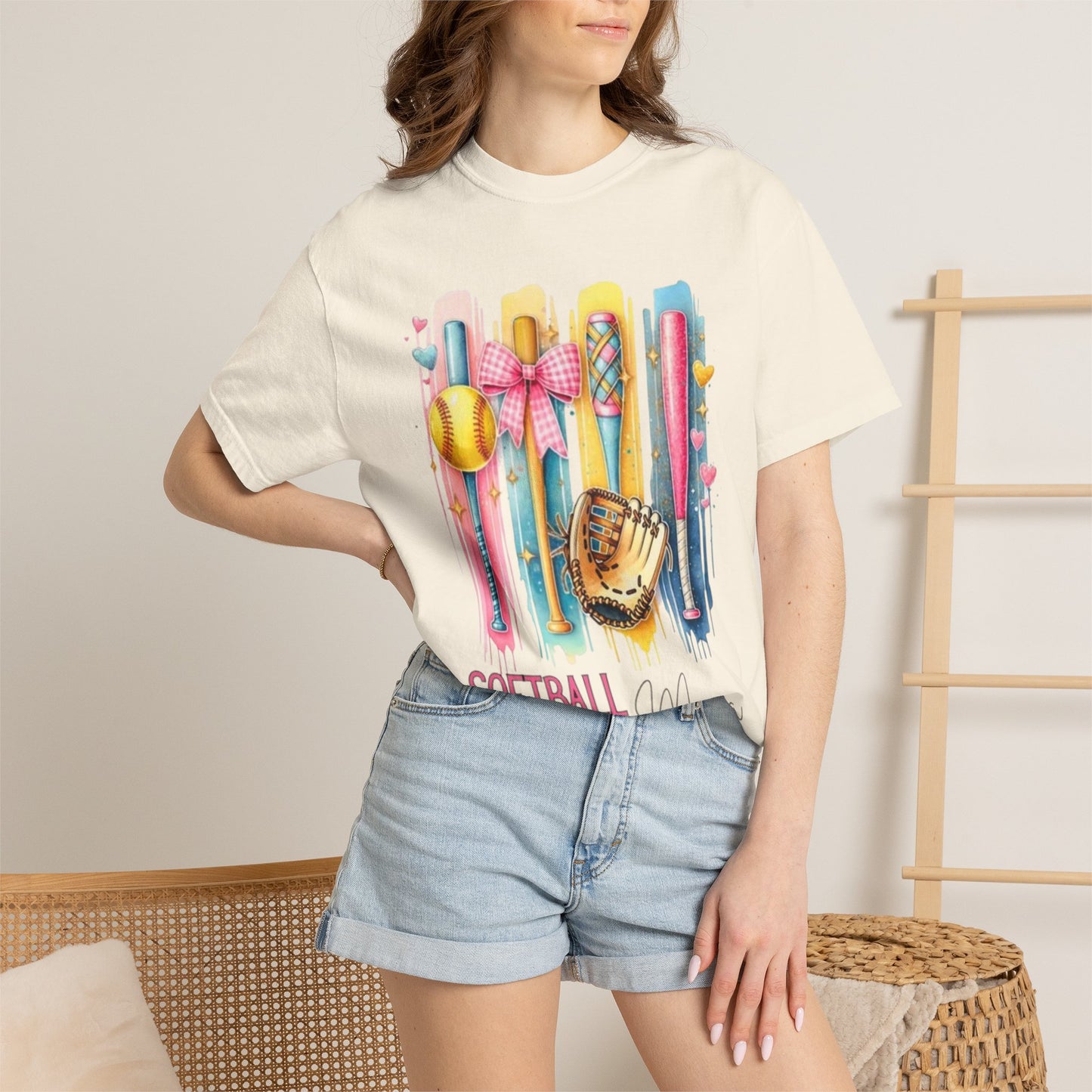 Softball Mama T-Shirt - Colorful Bats & Glove Graphic