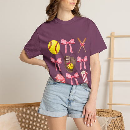 Softball Mom Graphic T-Shirt — Pink Bows, Glove & Helmet Design