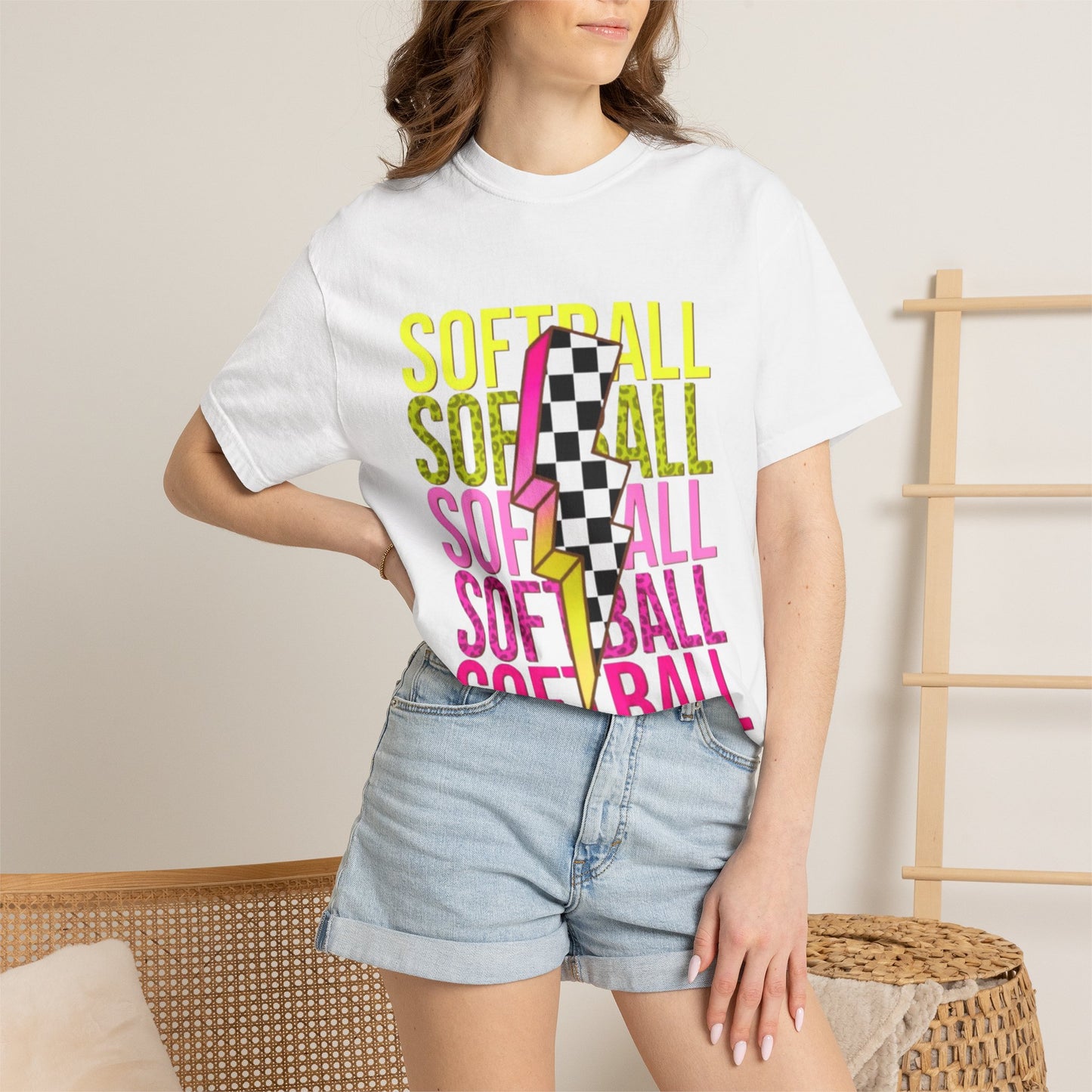 Softball Lightning Tee — Checkerboard Bolt Graphic Softball T‑Shirt
