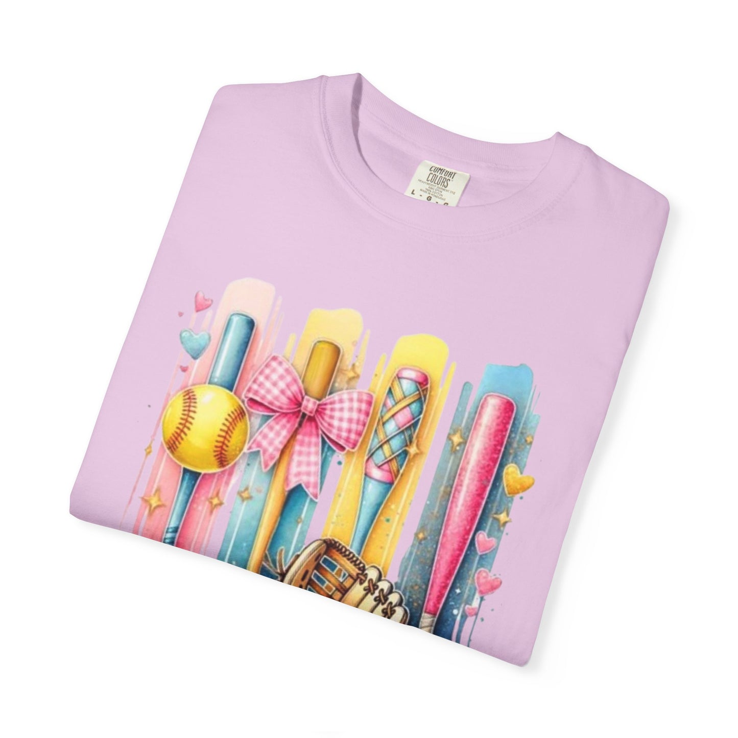 Softball Mama T-Shirt - Colorful Bats & Glove Graphic