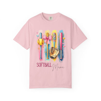 Softball Mama T-Shirt - Colorful Bats & Glove Graphic