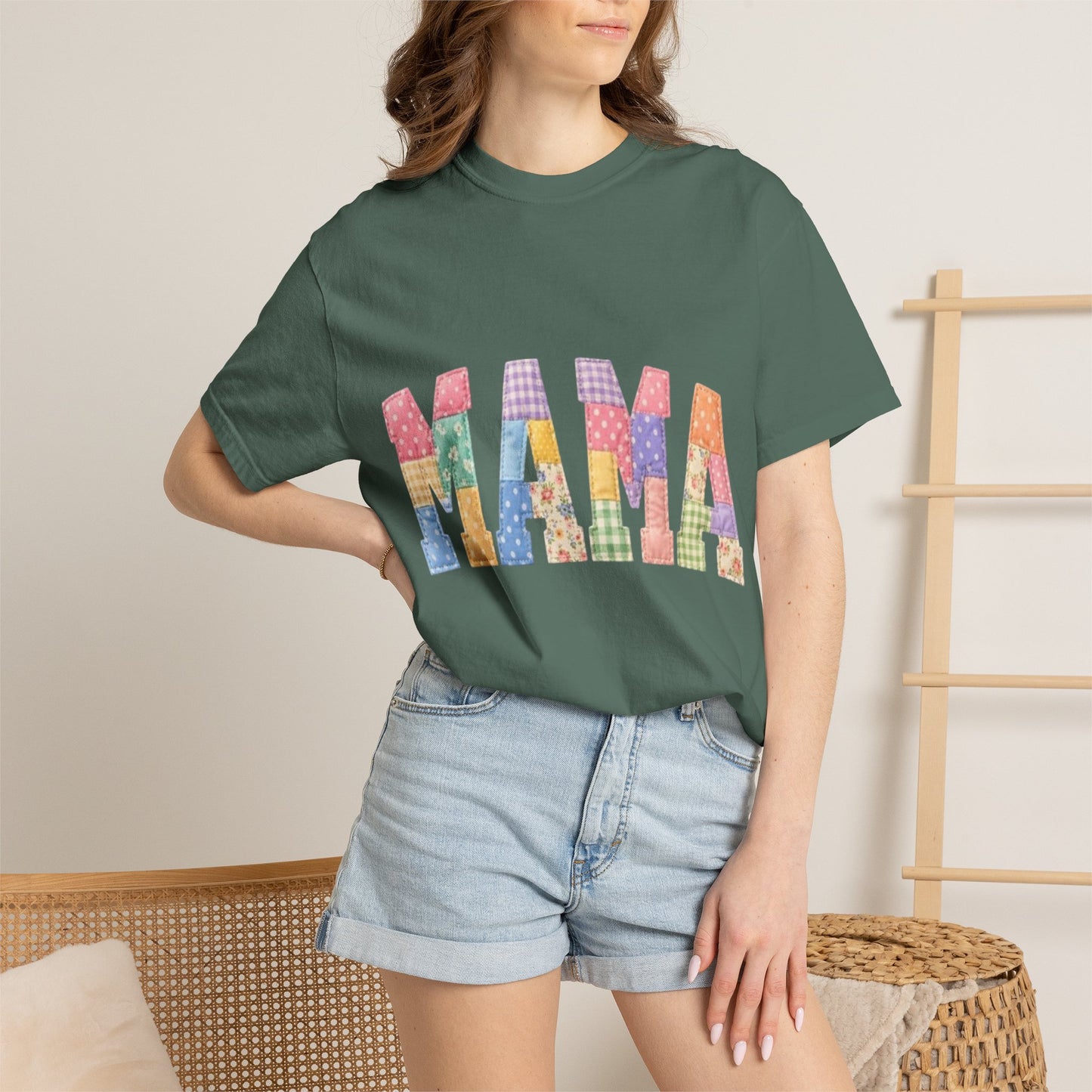 Mama Patchwork Graphic T-Shirt – Colorful Quilted Letter Tee for Moms