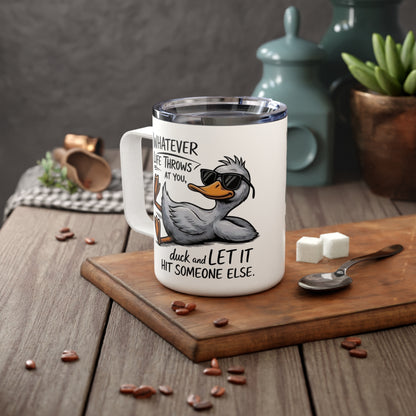 Insulated 10oz Coffee Mug — Funny Cool Seagull "Whatever Life Throws" Travel Tumbler