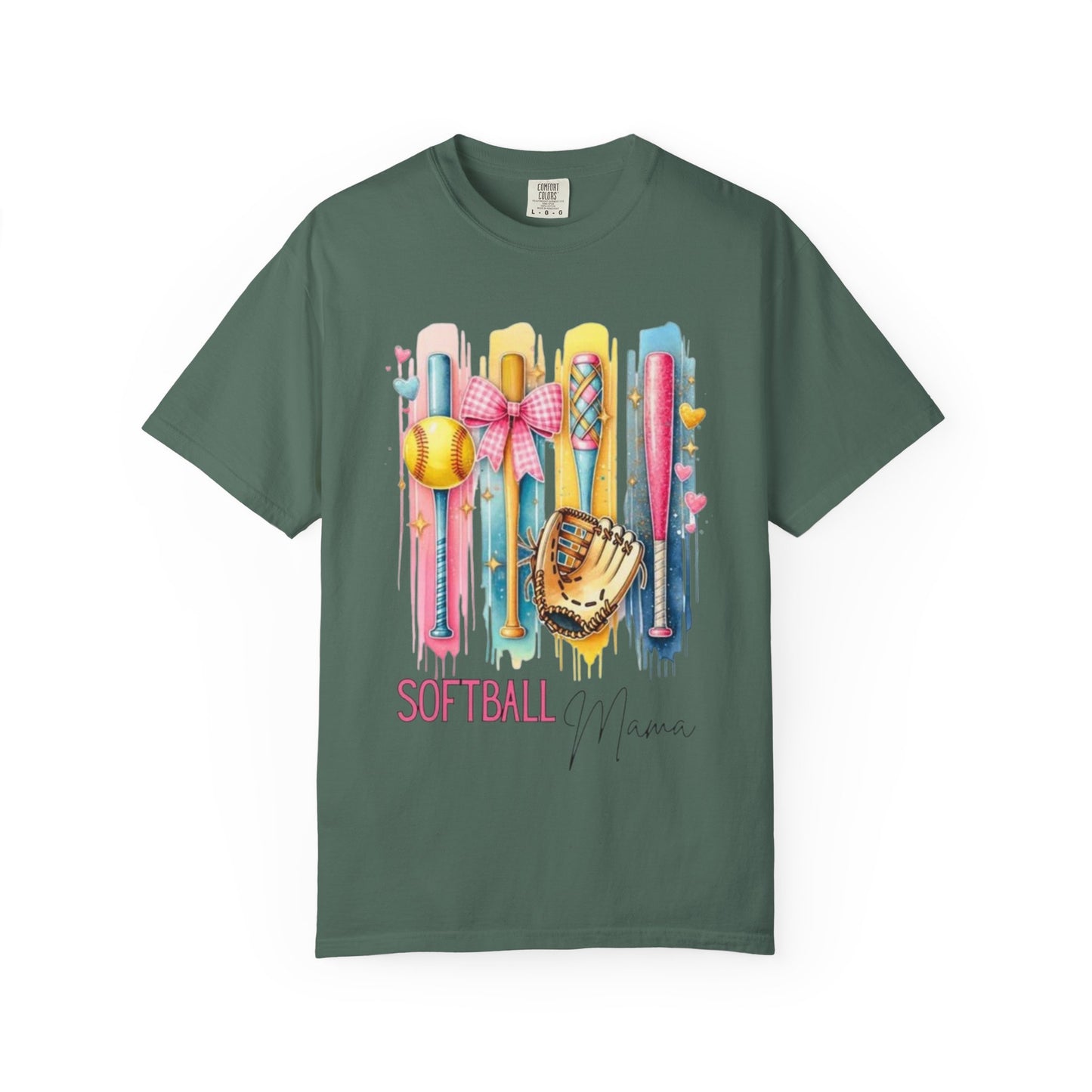 Softball Mama T-Shirt - Colorful Bats & Glove Graphic