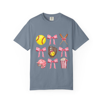 Softball Mom Graphic T-Shirt — Pink Bows, Glove & Helmet Design