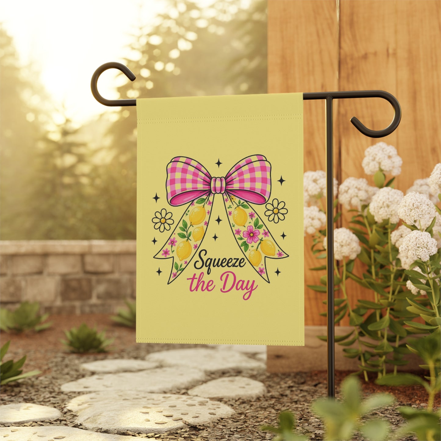 Garden Flag — "Squeeze the Day" Floral Bow Garden Banner