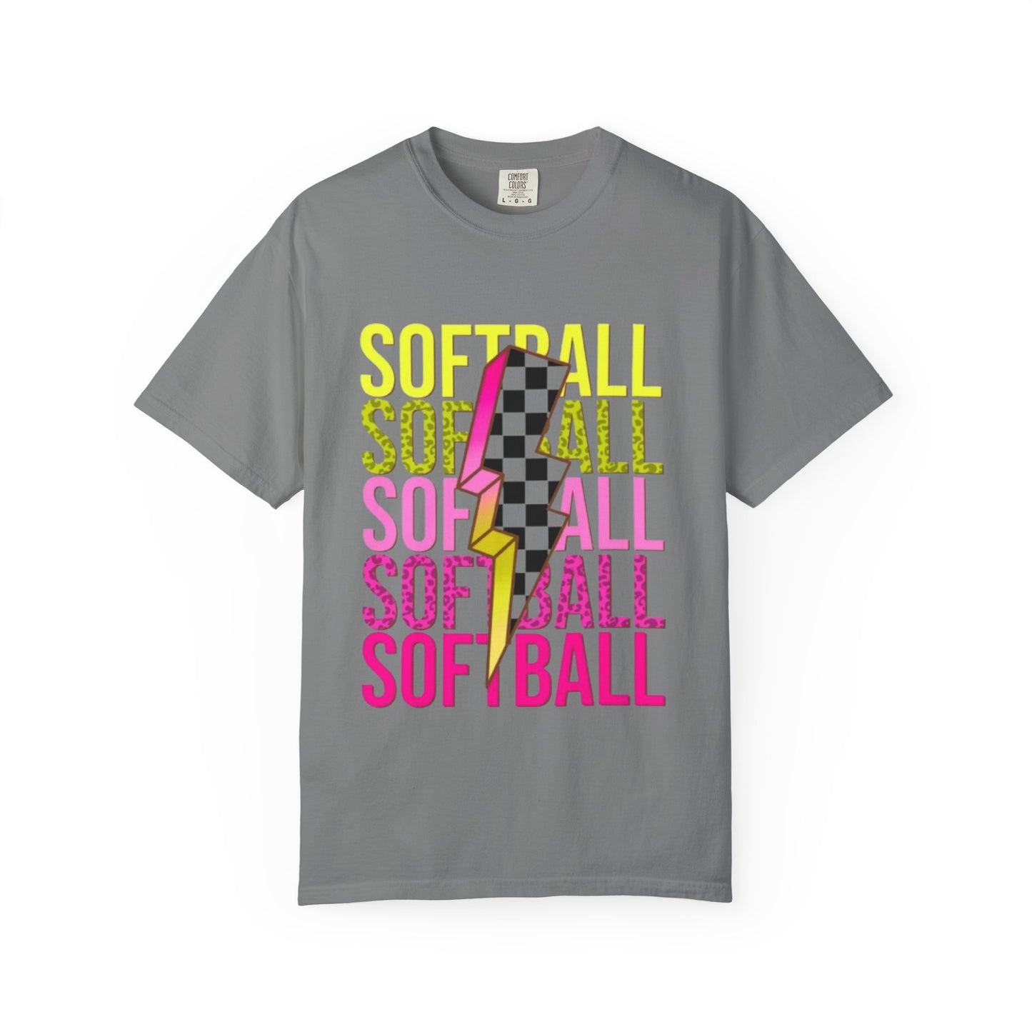 Softball Lightning Tee — Checkerboard Bolt Graphic Softball T‑Shirt