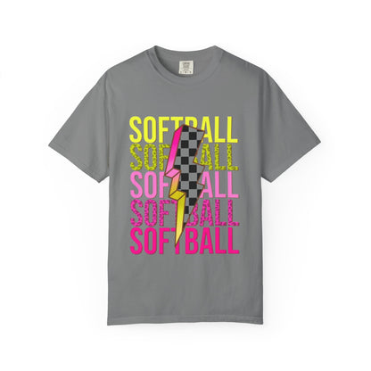 Softball Lightning Tee — Checkerboard Bolt Graphic Softball T‑Shirt