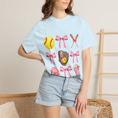 Softball Mom Graphic T-Shirt — Pink Bows, Glove & Helmet Design