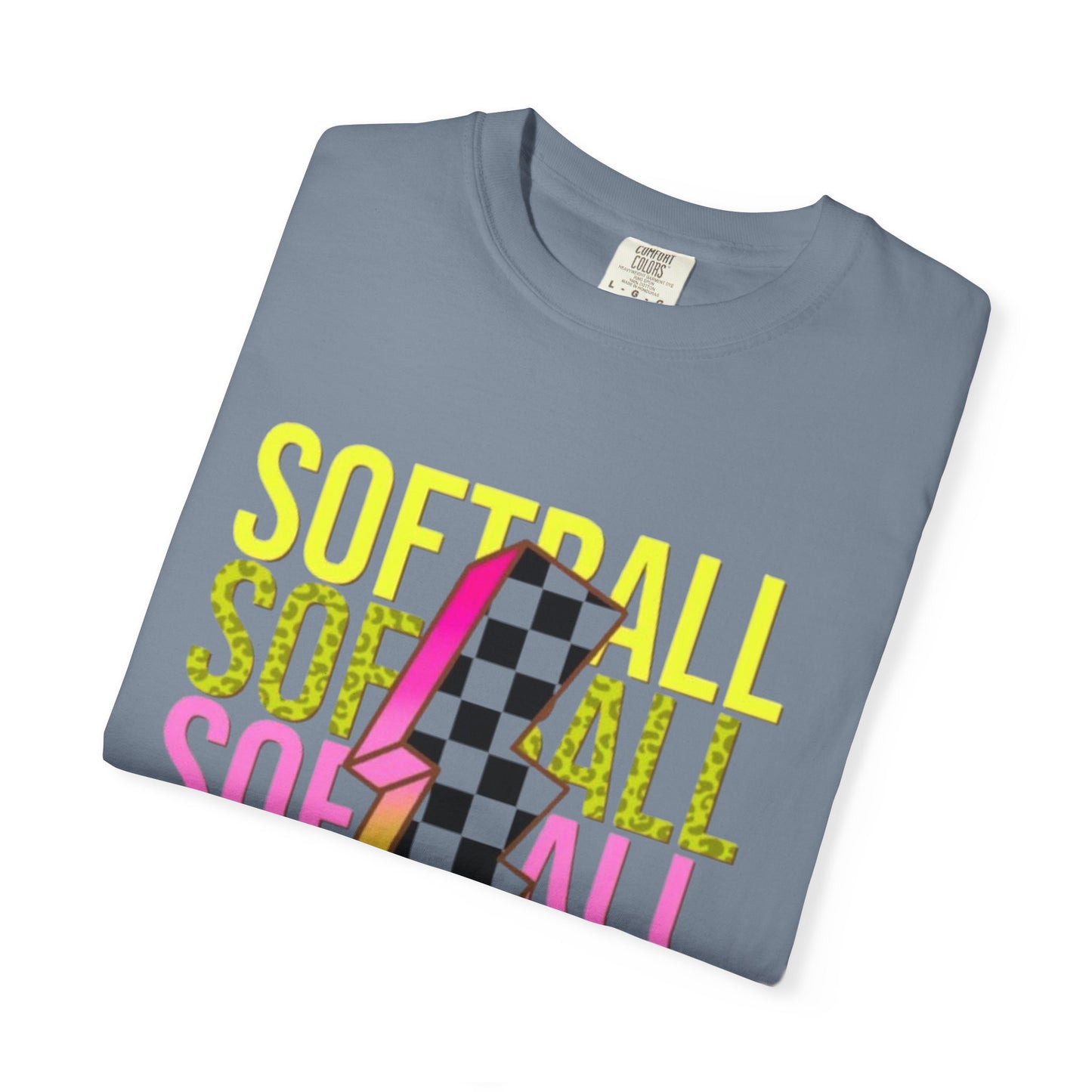 Softball Lightning Tee — Checkerboard Bolt Graphic Softball T‑Shirt