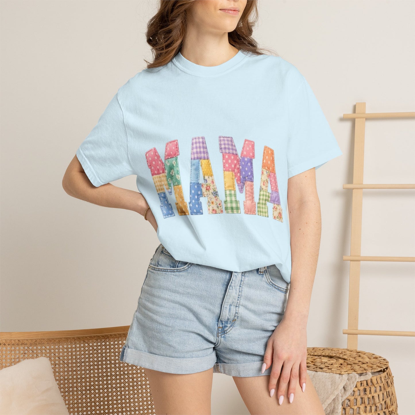 Mama Patchwork Graphic T-Shirt – Colorful Quilted Letter Tee for Moms