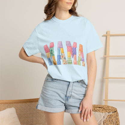 Mama Patchwork Graphic T-Shirt – Colorful Quilted Letter Tee for Moms