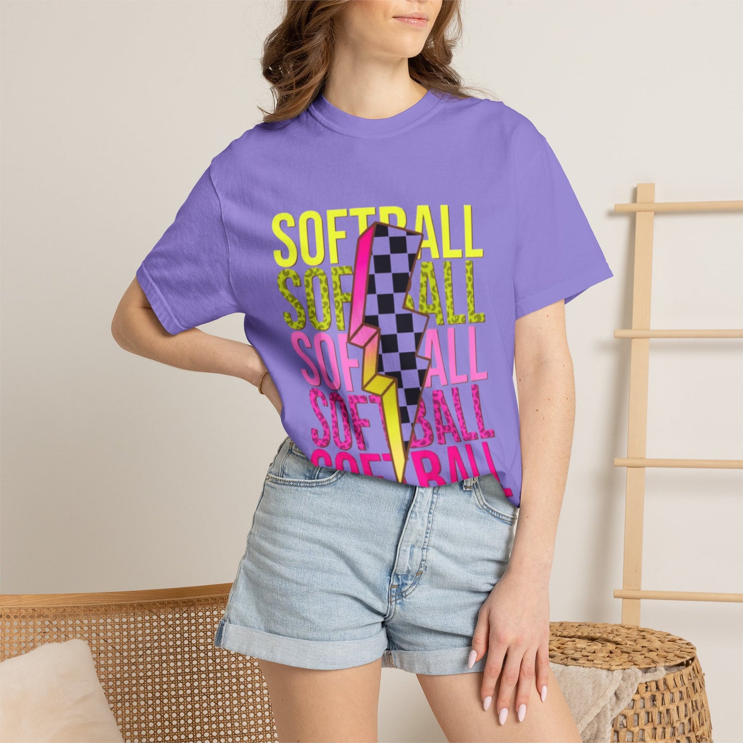Softball Lightning Tee — Checkerboard Bolt Graphic Softball T‑Shirt