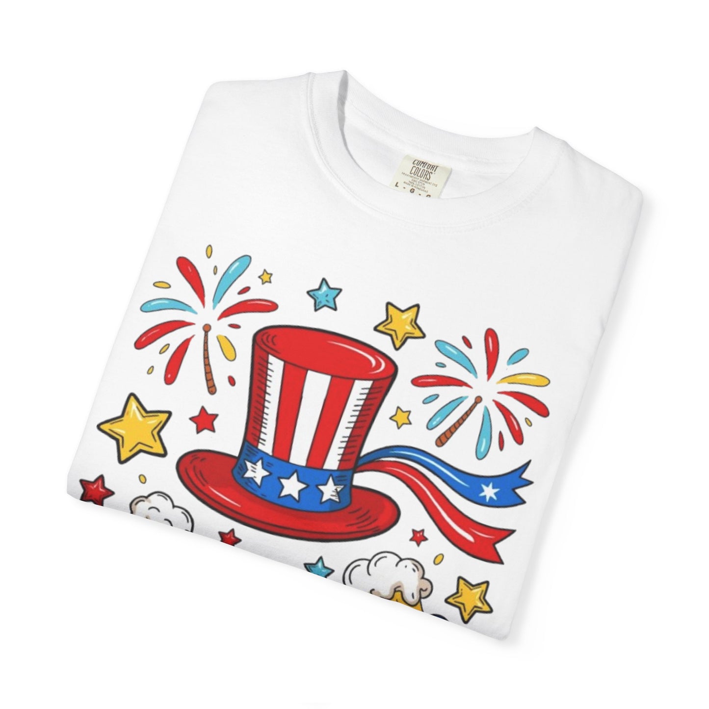 Patriotic Party T-Shirt — Uncle Sam Hat, Fireworks & Balloon Dog 4th of July Tee